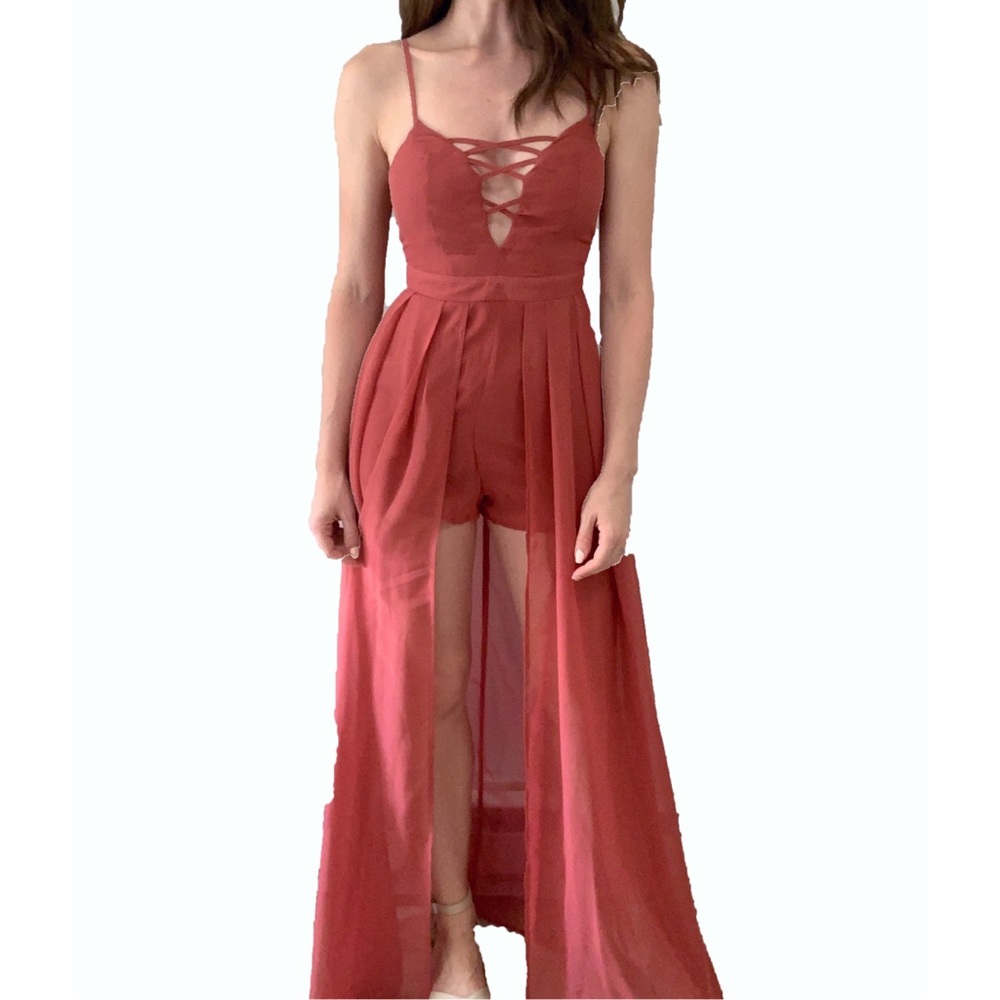 UK2LA Coral Chiffon Romper Maxi Dress Brand New